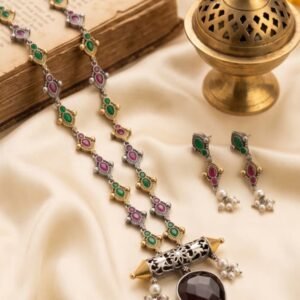 Oxidized Dual-Tone Green & Ruby Stone Necklace Set with Earrings