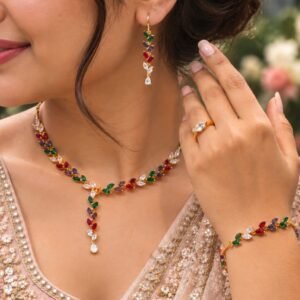 Multicolour Gold-Plated Necklace Set with Earrings