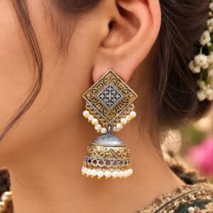 Antique Gold Oxidized Pearl Jhumka Earrings