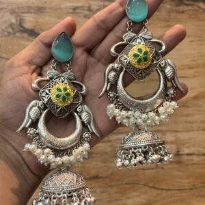Oxidized Silver Peacock Pearl Jhumka Earrings