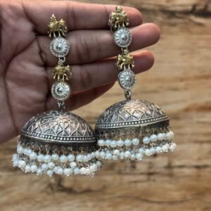 Oxidized Silver Jhumka Earrings with Golden Elephant Design