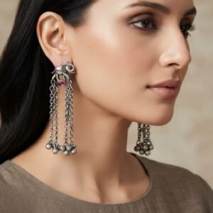 Elephant Motif Dangling Earrings with Ghungroo Chain Tassels