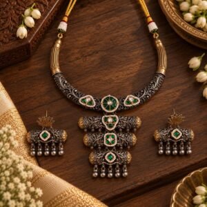 Antique Oxidized Temple Necklace Set with Multicolour Stones